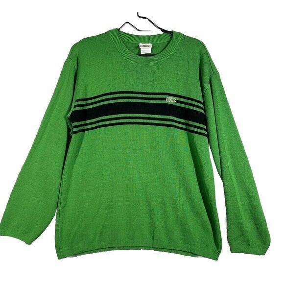 Lacoste‎ Sweater Mens Medium Size 6 Green Black Striped Crew Neck Jumper Preppy - Picture 1 of 6